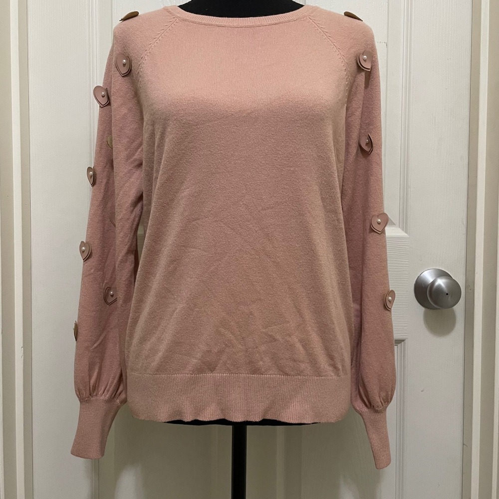 Sioni Milano Knit Sweater Faux Leather Hearts Pearls Pink Soft Coquette‎ Large